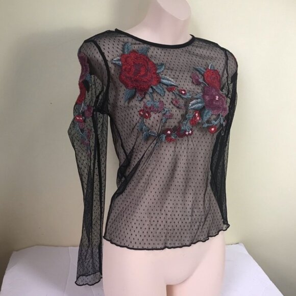 American Eagle AEO Sheer Mesh Flowers Embroidery Rose Stretch Top Shirt Y2K Boho - Picture 2 of 16